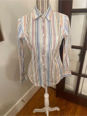 J. Crew Striped Button-Down Shirt in White with Blue, Pink, Yellow Stripes